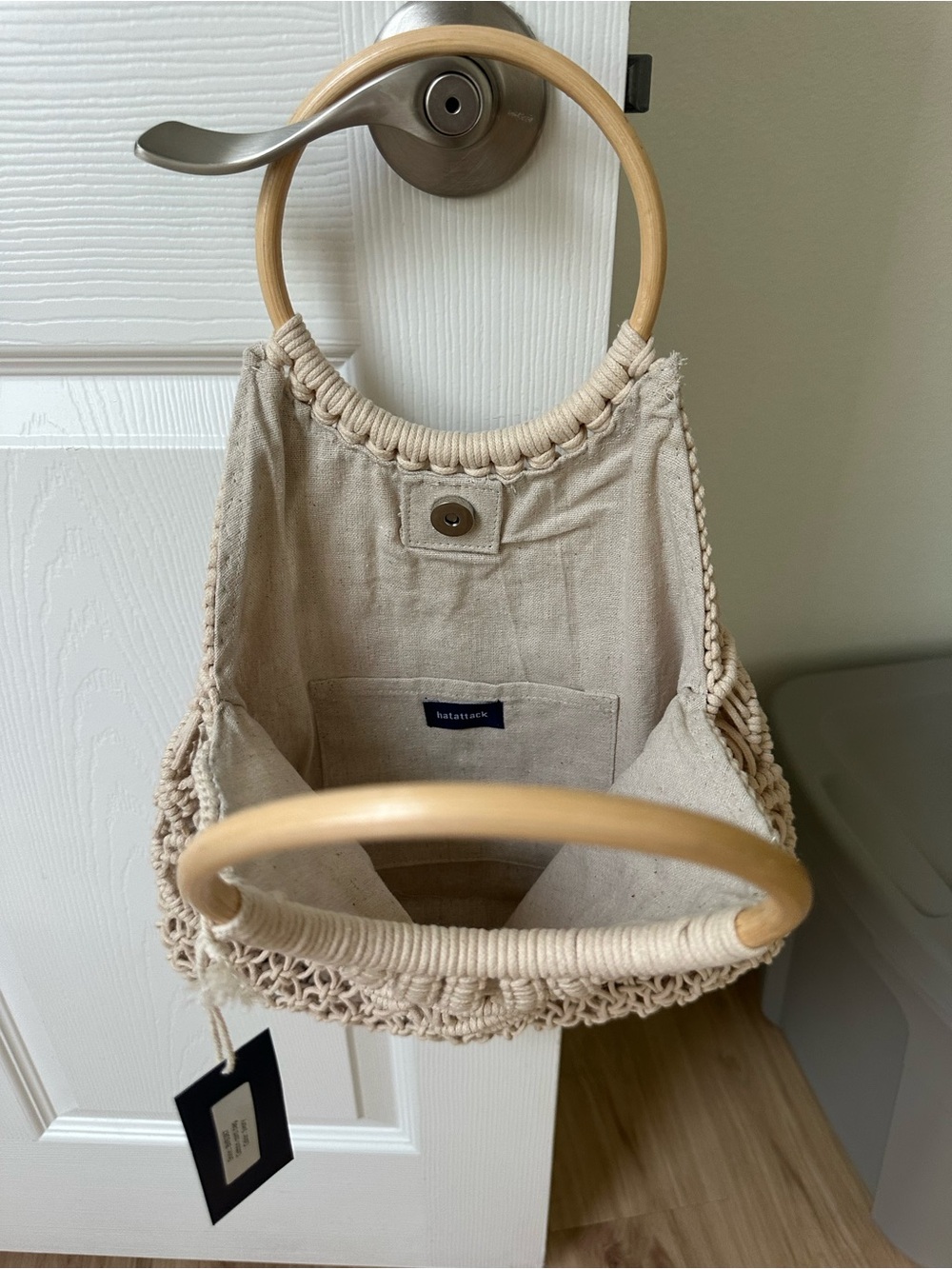 Hat Attack Cream Crochet Hobo Bag with Wooden Ring-Handle - Picture 4 of 6